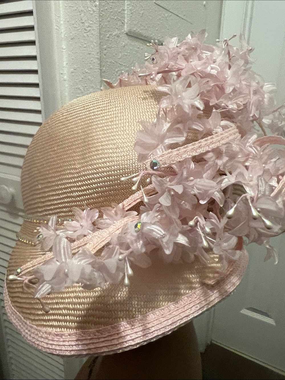 Women's Pink Floral Dress Hat with Decorative Accents